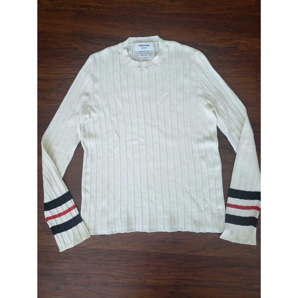 Thom Browne Women's Cream Ribbed Crewneck Sweater Size 44 Quiet Luxury Flawed
